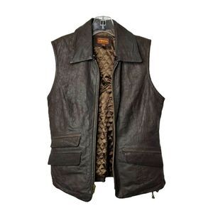 NEW Harkila Brown Leather Hunting Vest Pockets Full Zip Moto Jacket Mens S